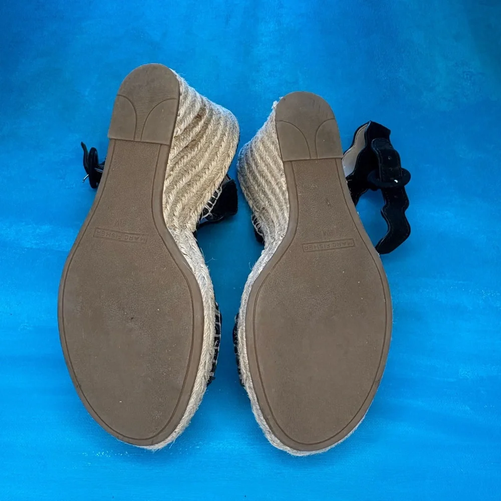 Marc Fisher Kai Black Scallop Suede Leather Espadrille Wedges Platform Shoe 9.5